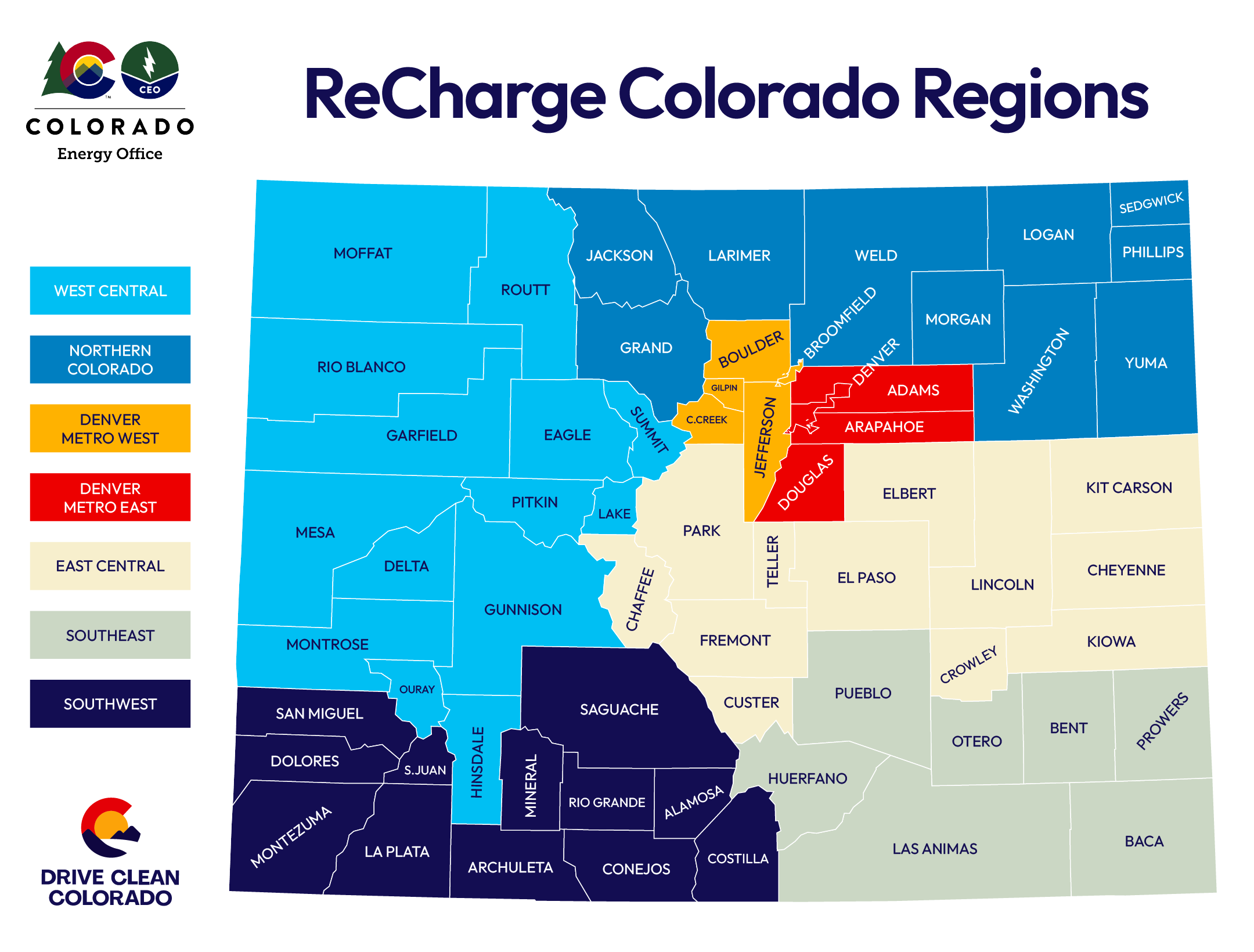 Color coordinated map of six ReCharge Coach-designated regions.