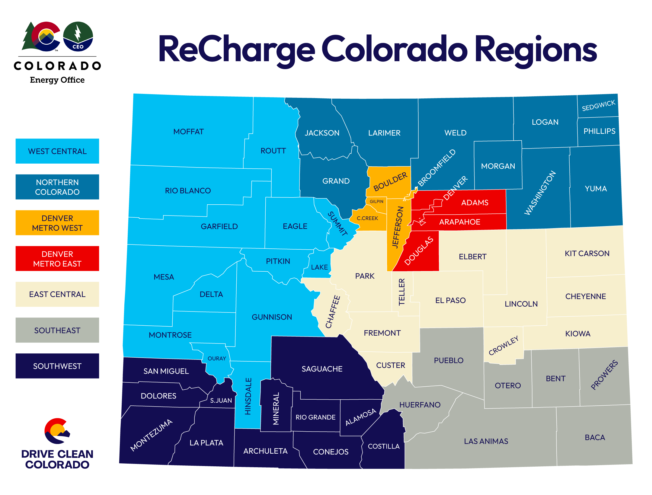 Color coordinated map of six ReCharge Coach-designated regions.